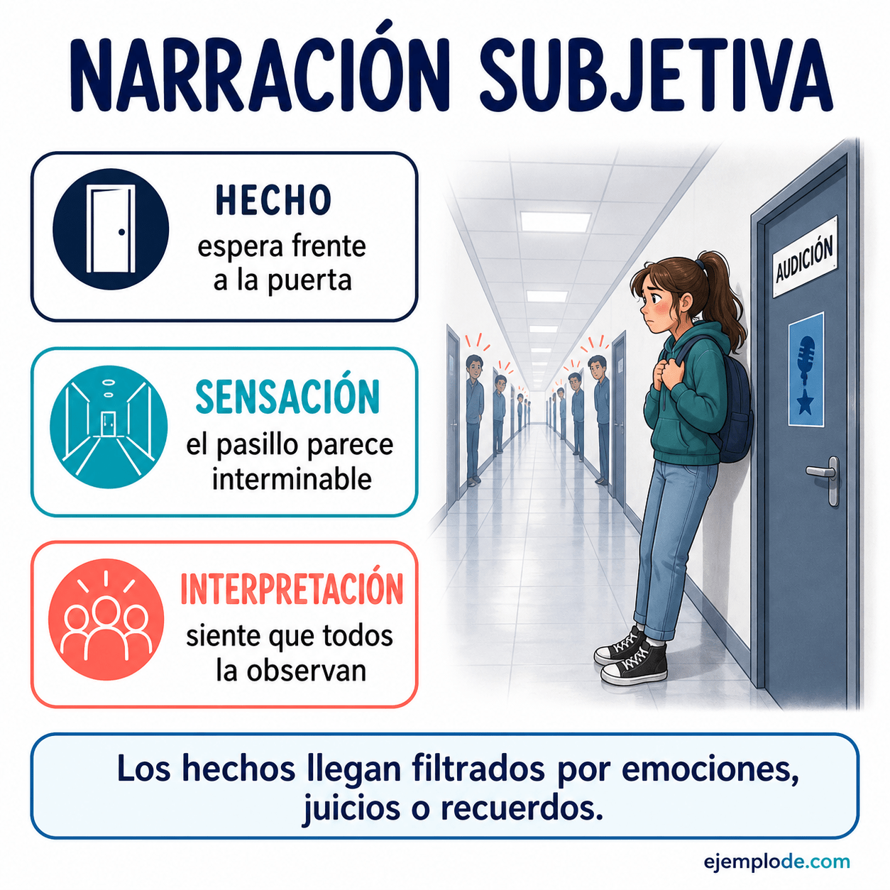 Explicación visual de Narración subjetiva con un ejemplo didáctico