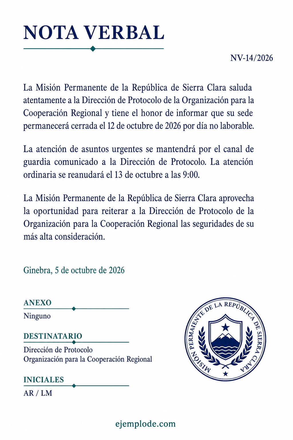 Nota verbal completa con referencia, tercera persona, fecha, destinatario, iniciales y sello