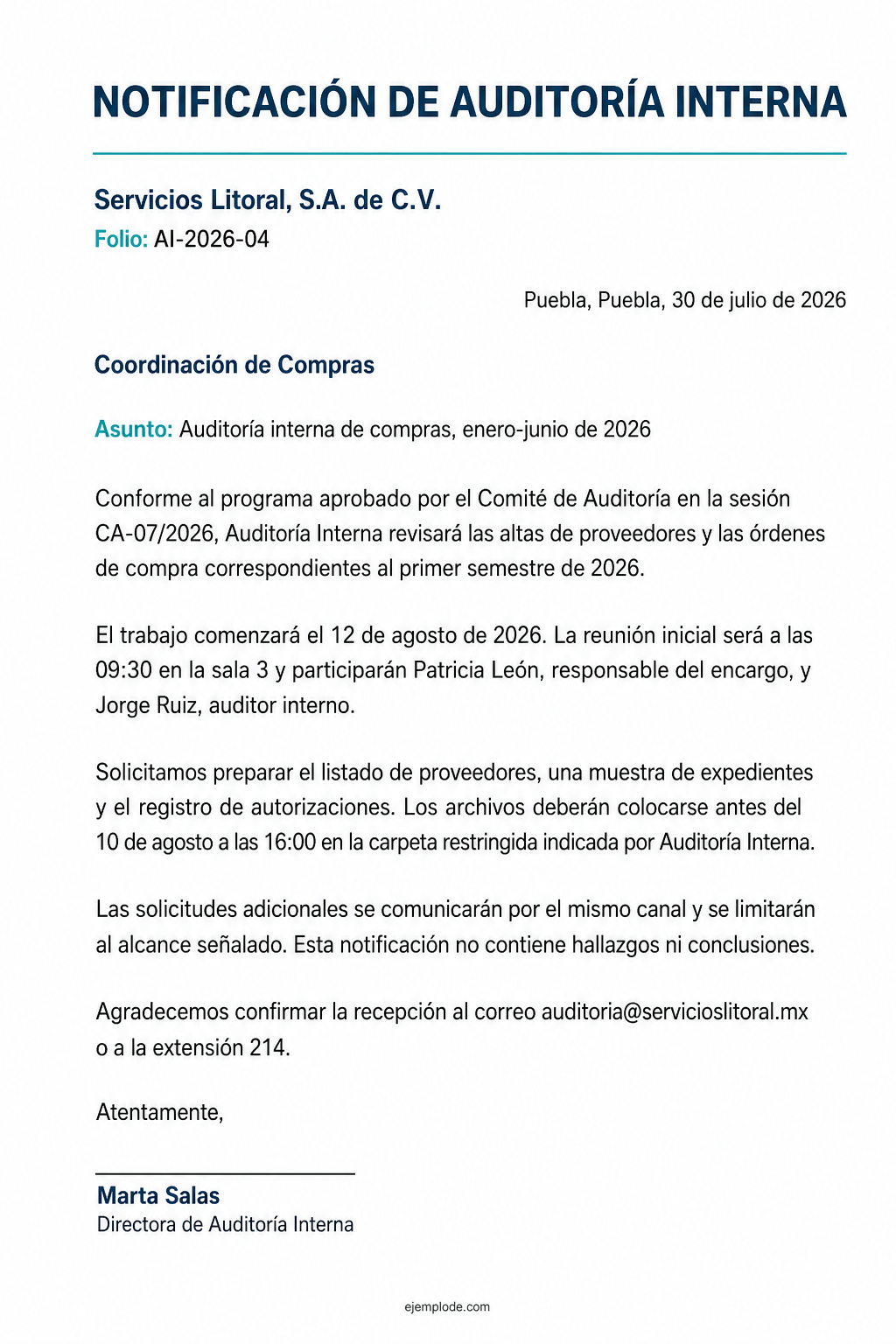 Carta completa de notificación de auditoría interna