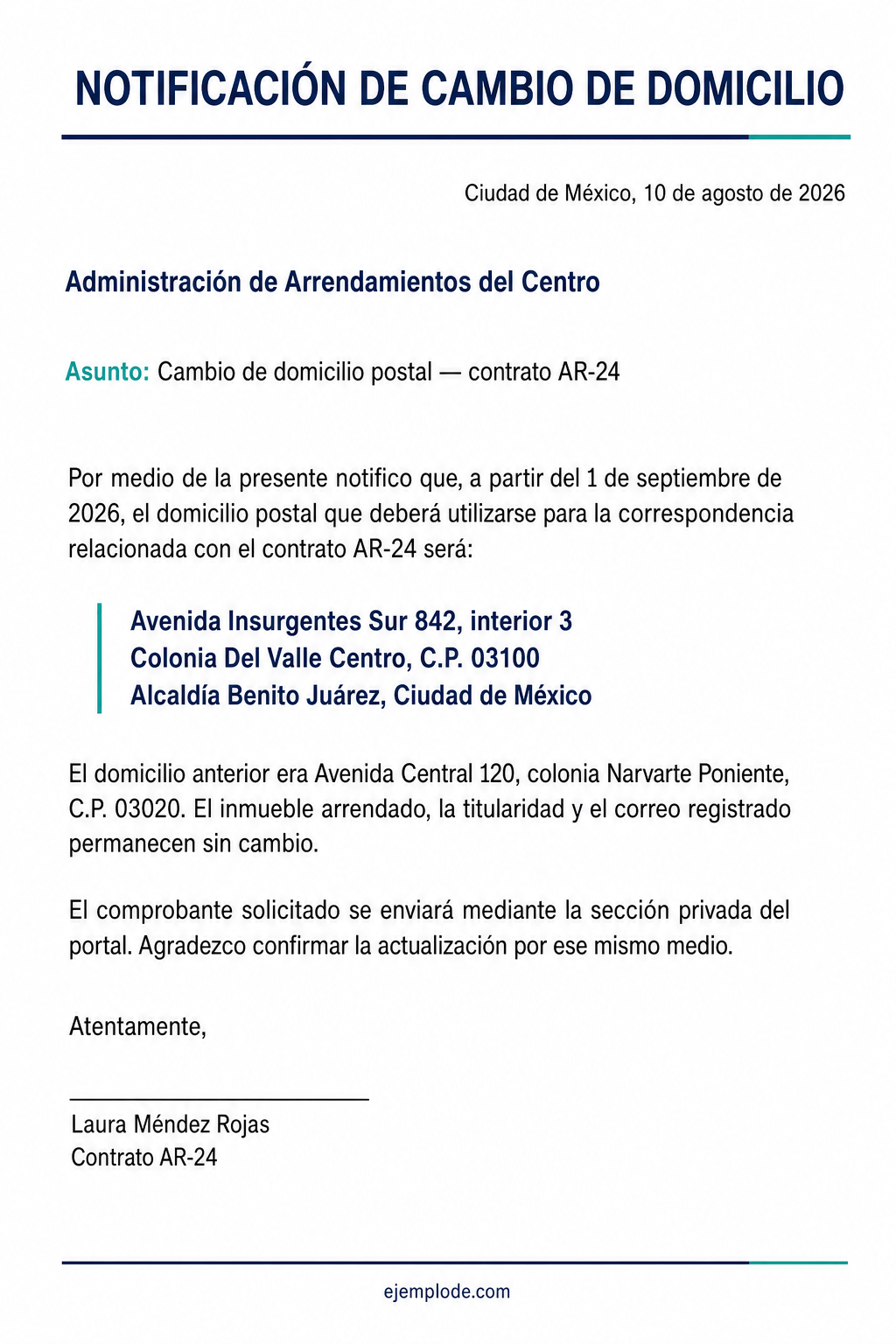 Carta completa para notificar un cambio de domicilio postal