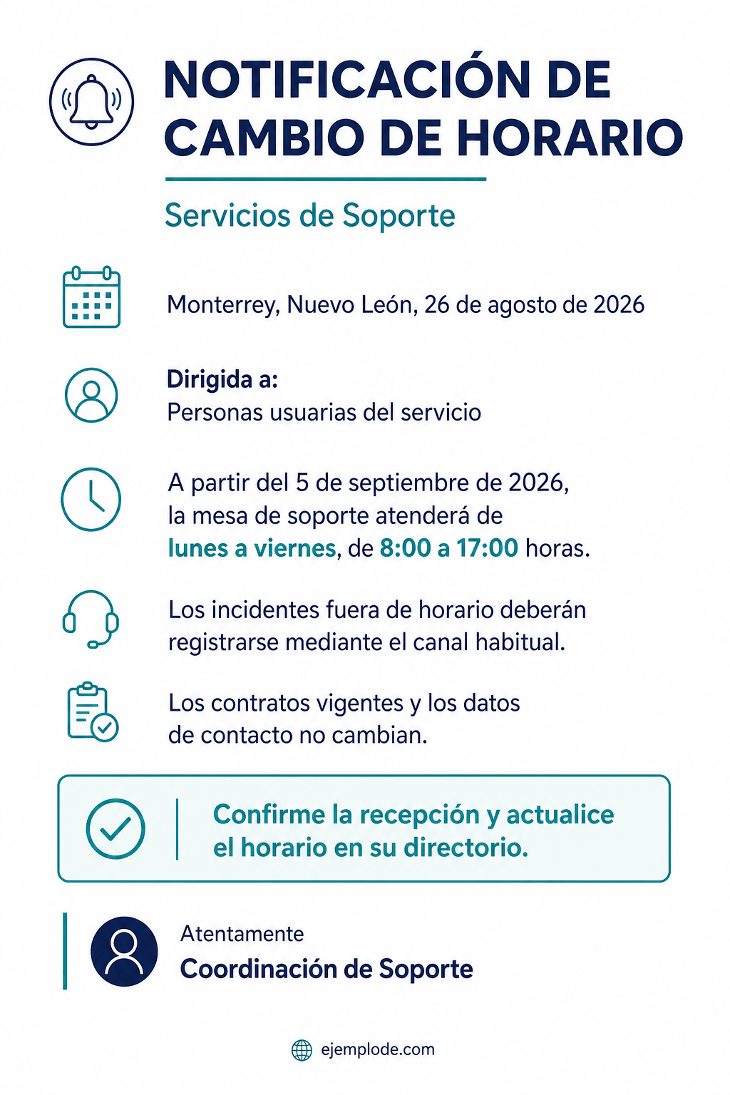 Carta de notificación terminada sobre un cambio de horario de servicio