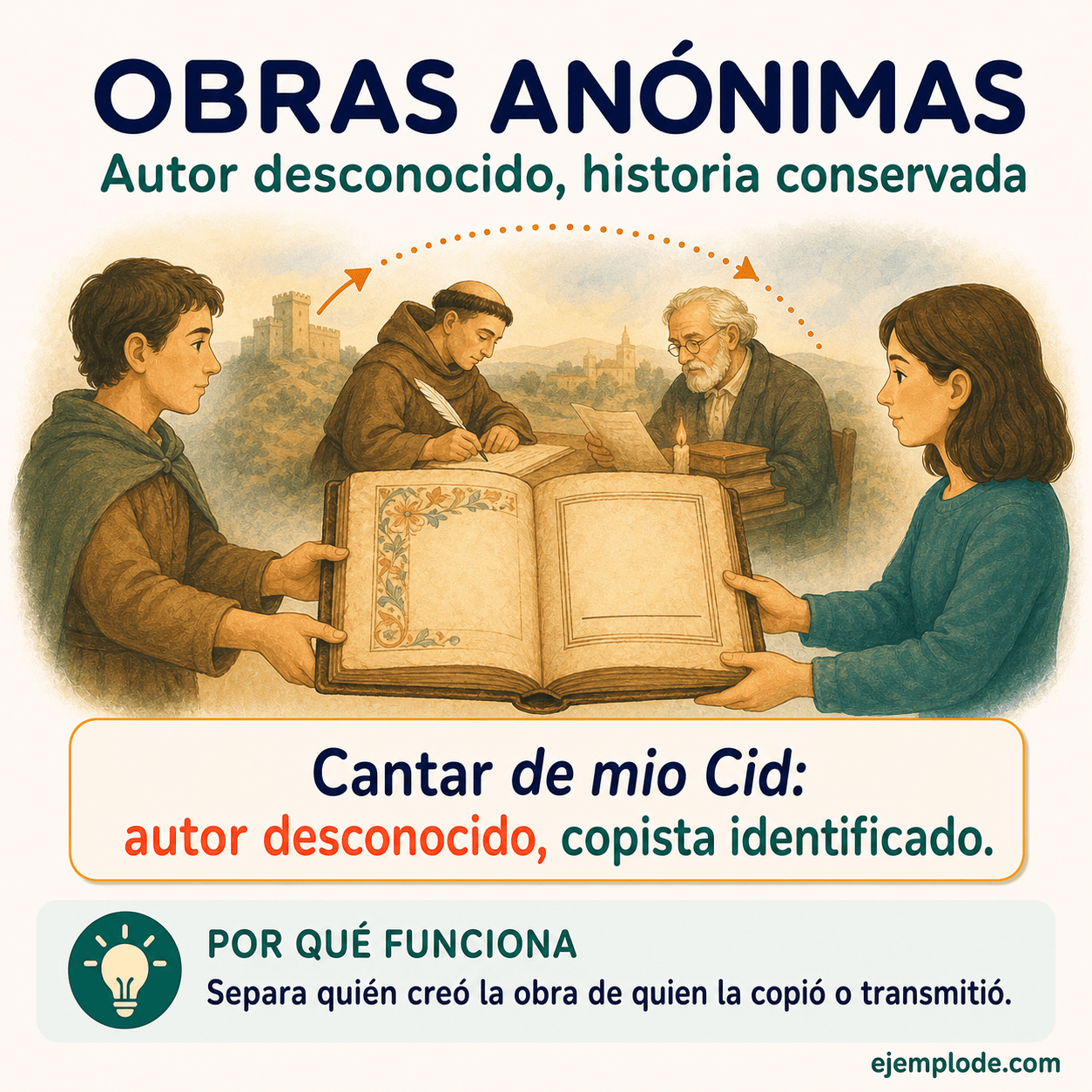 Explicación visual de Obras anónimas con un ejemplo didáctico