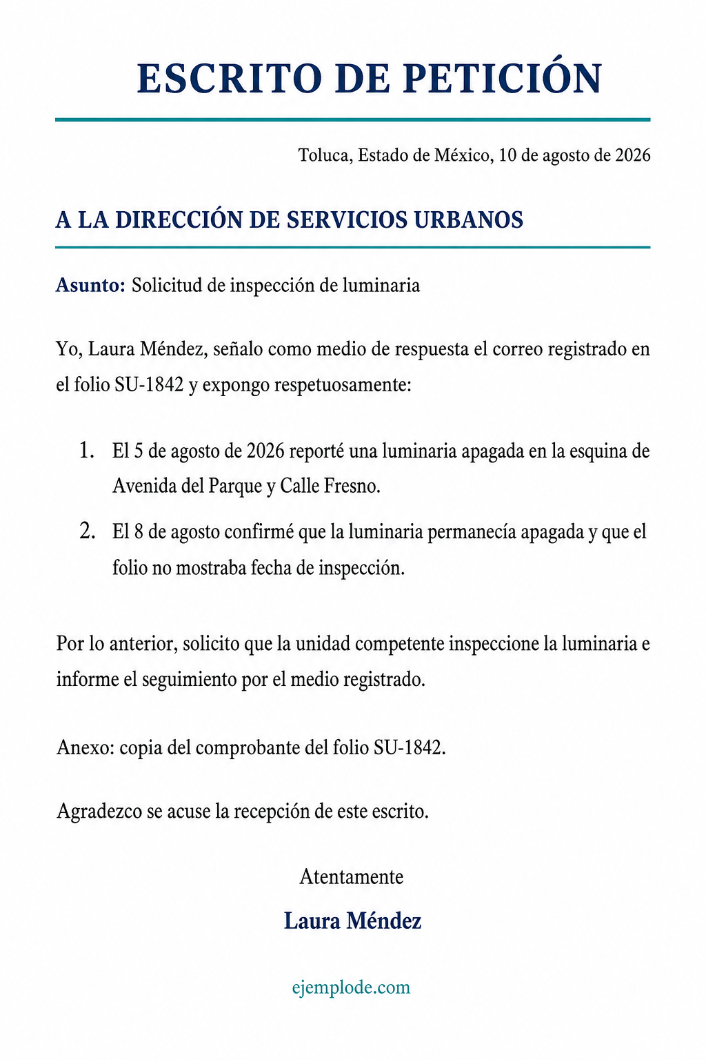 Escrito completo de petición para solicitar la inspección de una luminaria