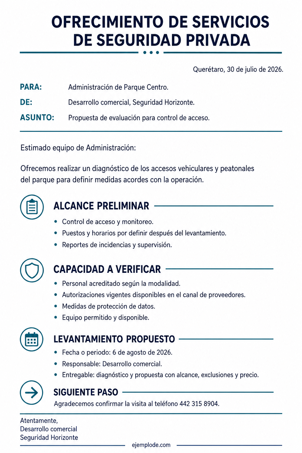 Carta completa para ofrecer una evaluación de seguridad privada antes de definir alcance y precio