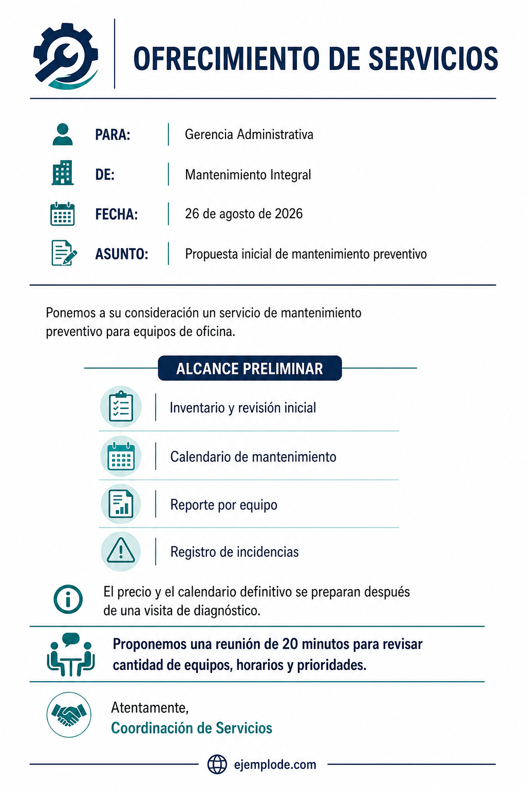 Carta terminada de ofrecimiento de servicios de mantenimiento preventivo