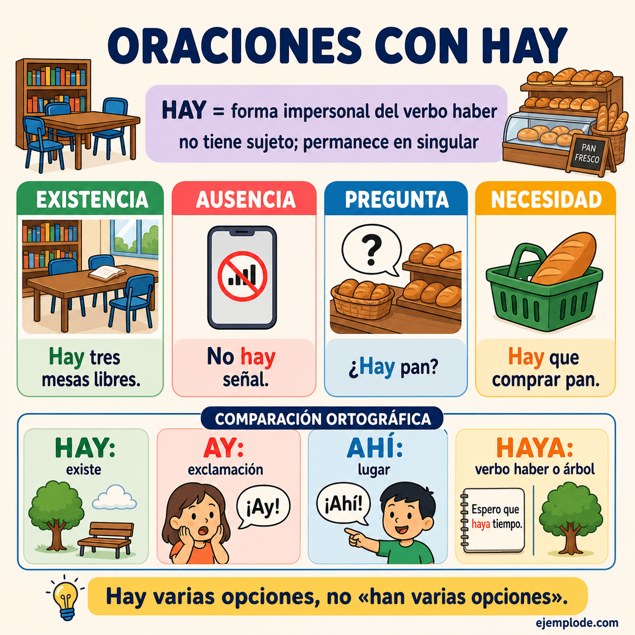Infografía educativa sobre Oraciones con la palabra hay con ejemplos y claves de reconocimiento
