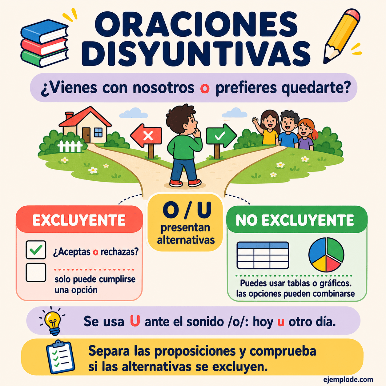 Oraciones disyuntivas de elección, posibilidad y cambio de la conjunción o por u