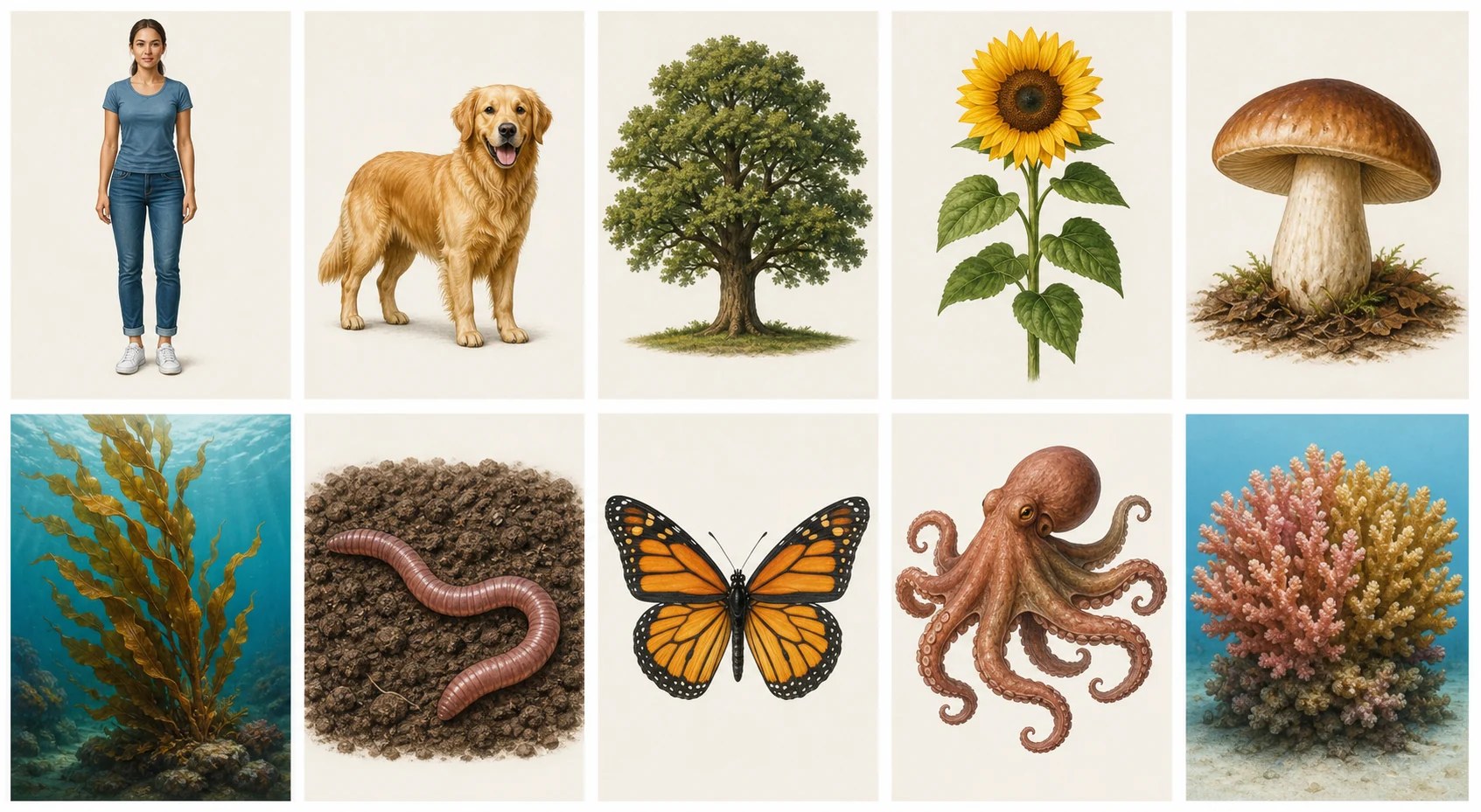 Diez organismos pluricelulares: humano, perro, roble, girasol, champiñón, kelp, lombriz, mariposa, pulpo y colonia de pólipos de coral