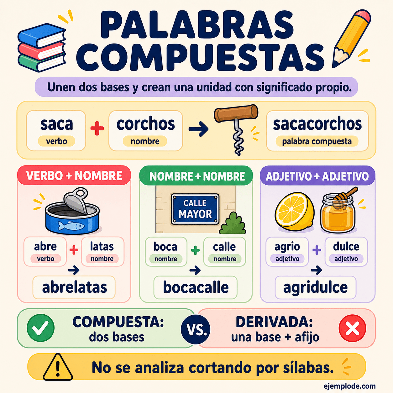 Infografía educativa sobre Palabras compuestas con ejemplos y claves de reconocimiento