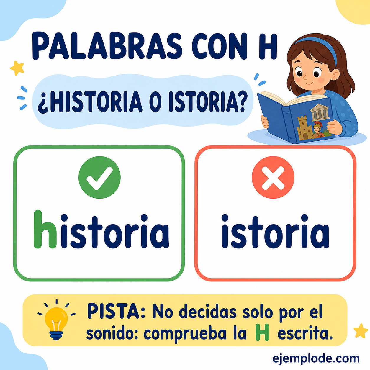 Explicación visual de Palabras con h con un ejemplo didáctico