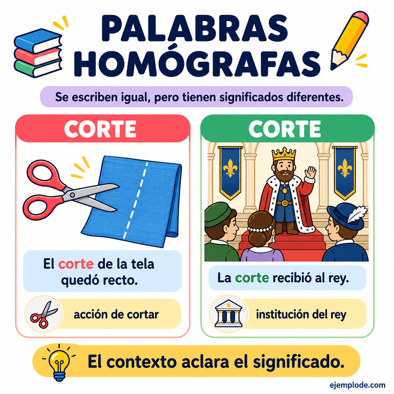 Infografía educativa sobre Palabras homógrafas con ejemplos y claves de reconocimiento