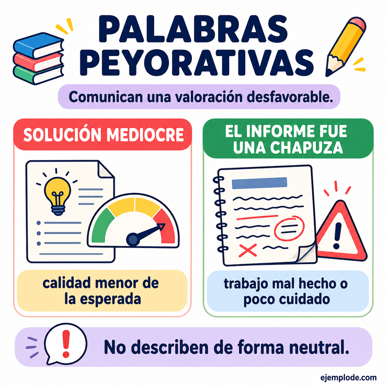 Infografía educativa sobre Palabras peyorativas con ejemplos y claves de reconocimiento