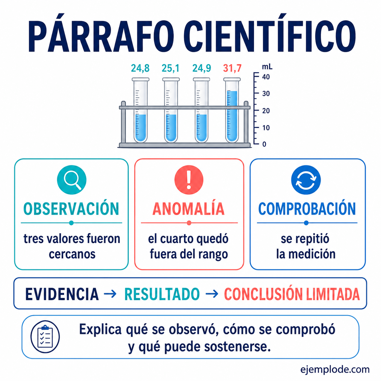 Explicación visual de Párrafo Científico con un ejemplo didáctico