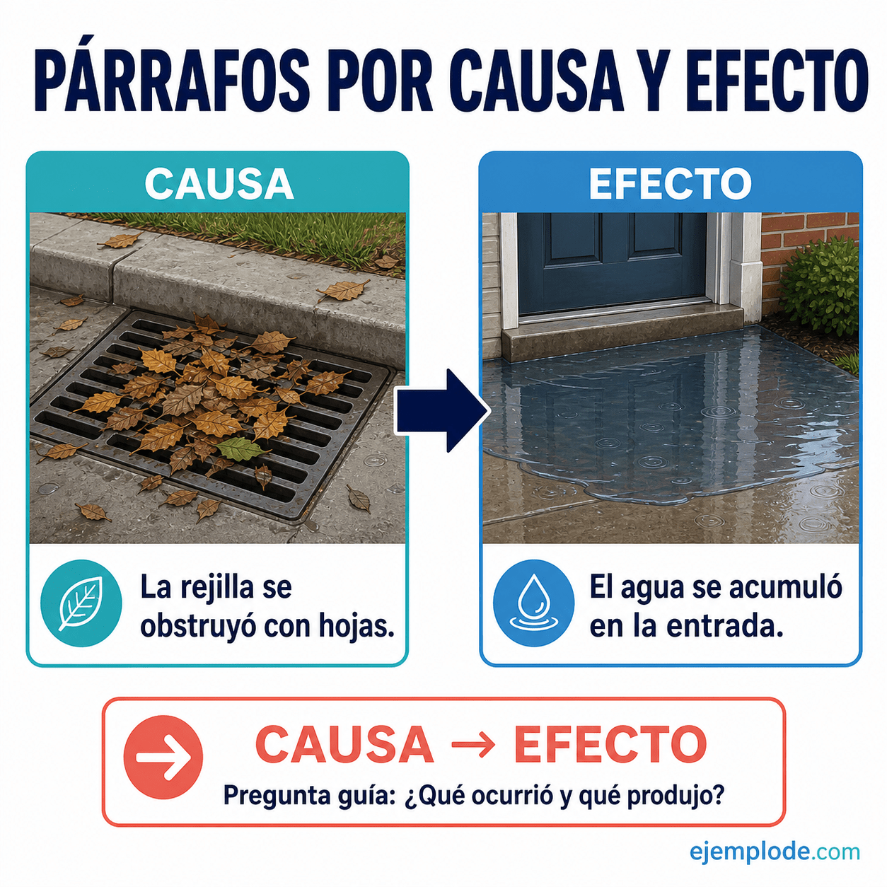 Explicación visual de Párrafos por Causa y Efecto con un ejemplo didáctico