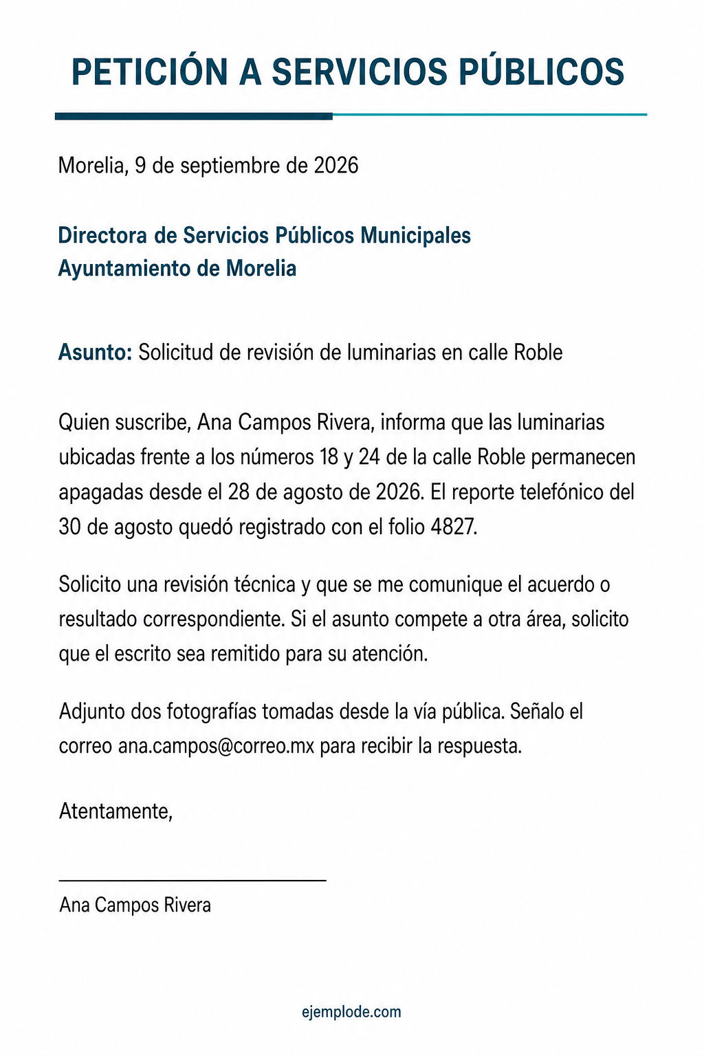 Carta completa dirigida a una funcionaria pública para solicitar revisión de luminarias