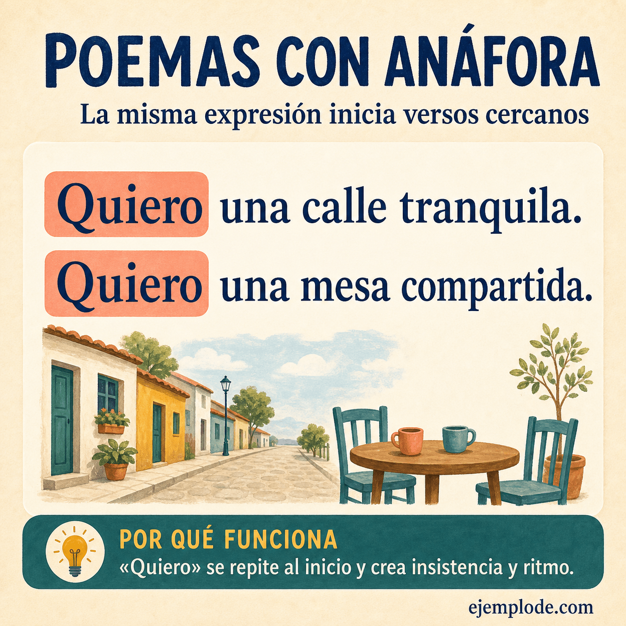 Explicación visual de Poemas con anáfora con un ejemplo didáctico