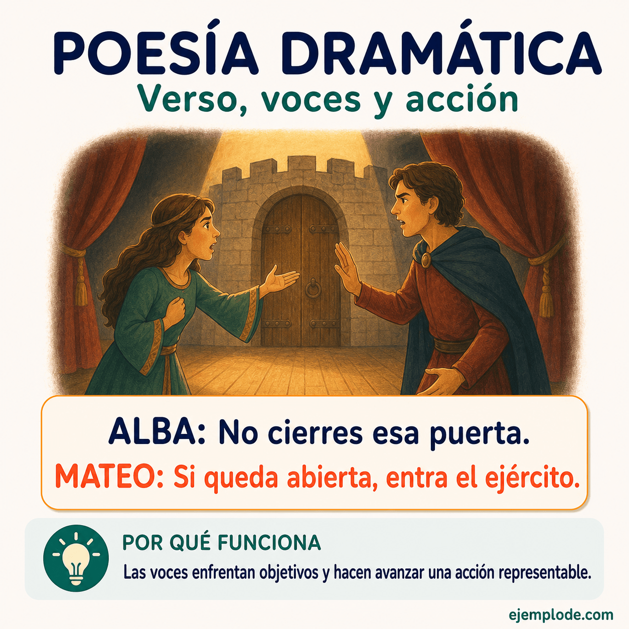 Explicación visual de Poesía dramática con un ejemplo didáctico