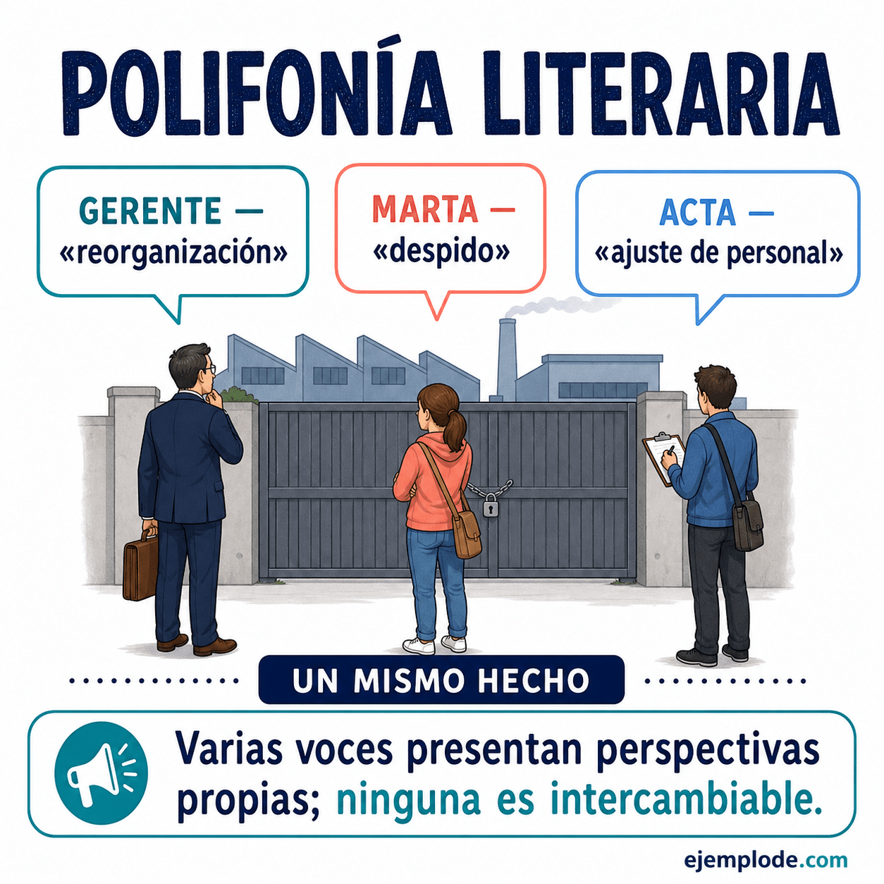 Explicación visual de Polifonía literaria con un ejemplo didáctico
