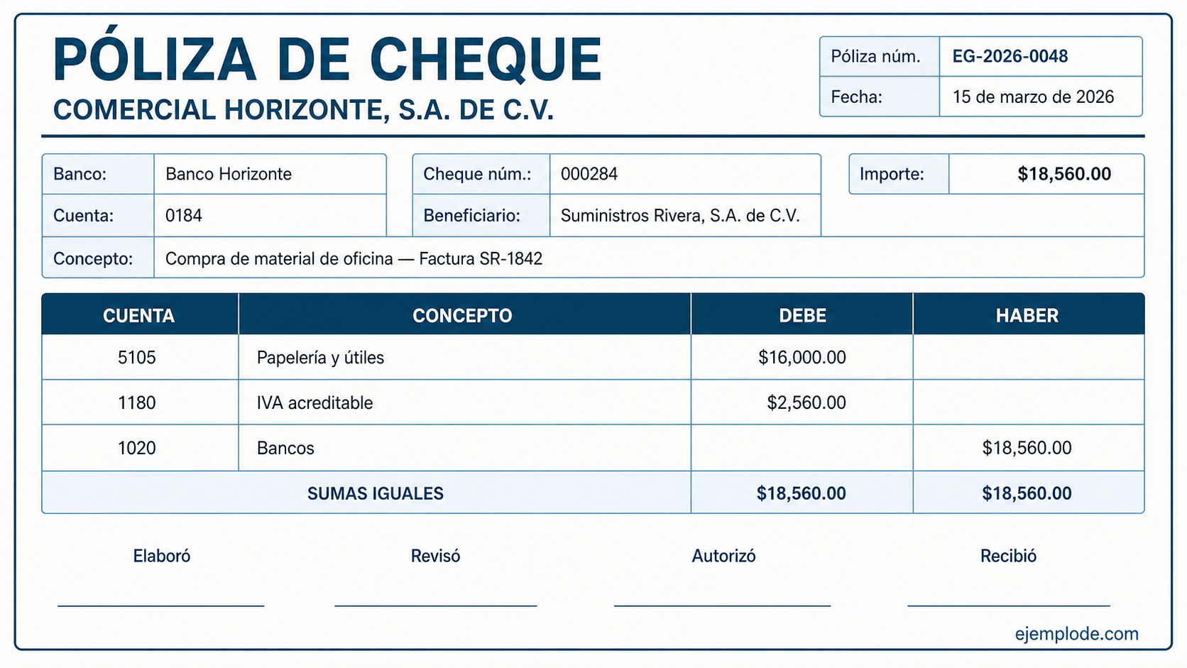 Póliza de cheque con datos del pago y asiento contable equilibrado