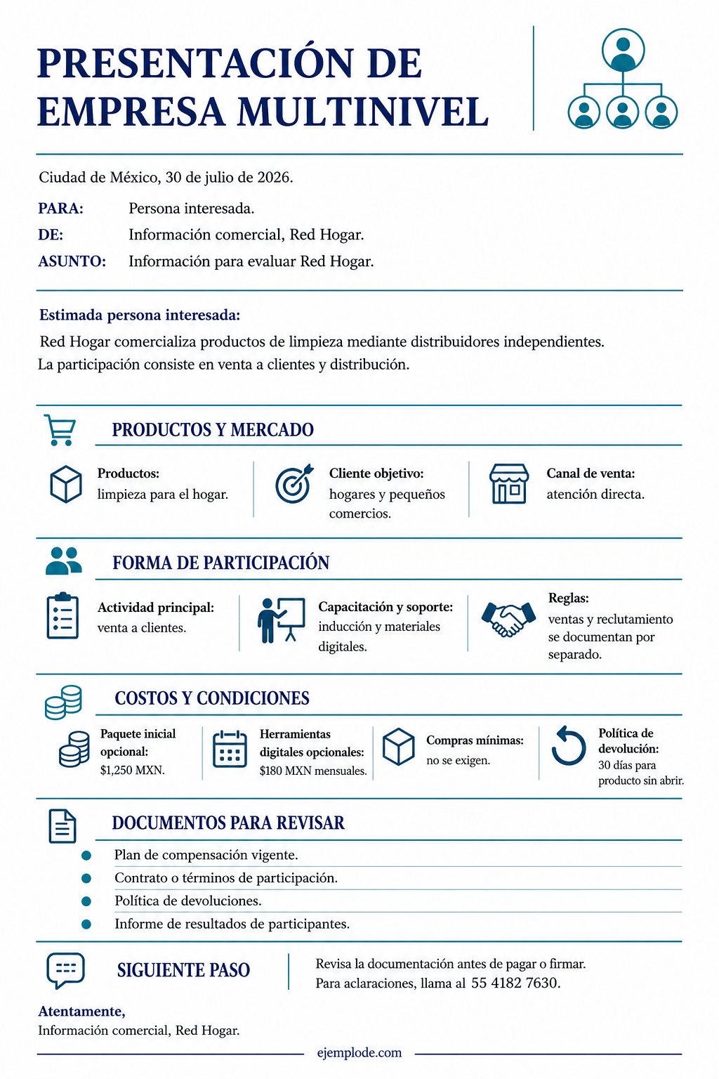 Carta completa de presentación de una empresa multinivel con productos, costos, devoluciones y documentos