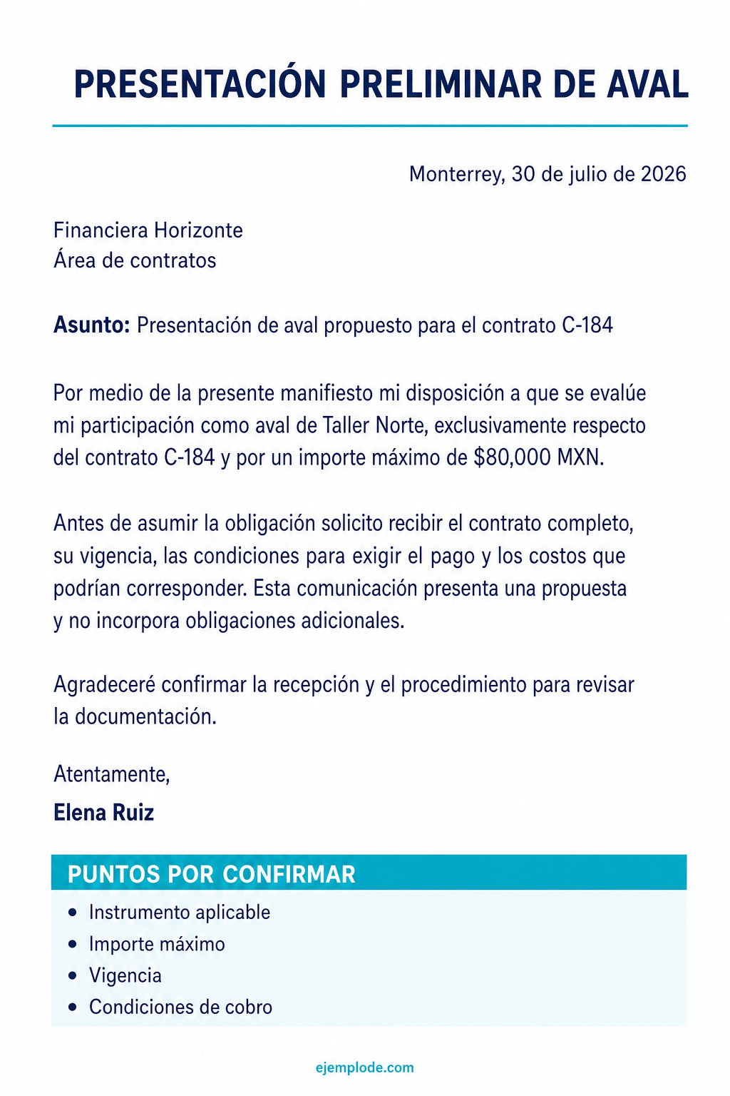 Carta completa de presentación preliminar de aval con importe máximo y puntos por confirmar