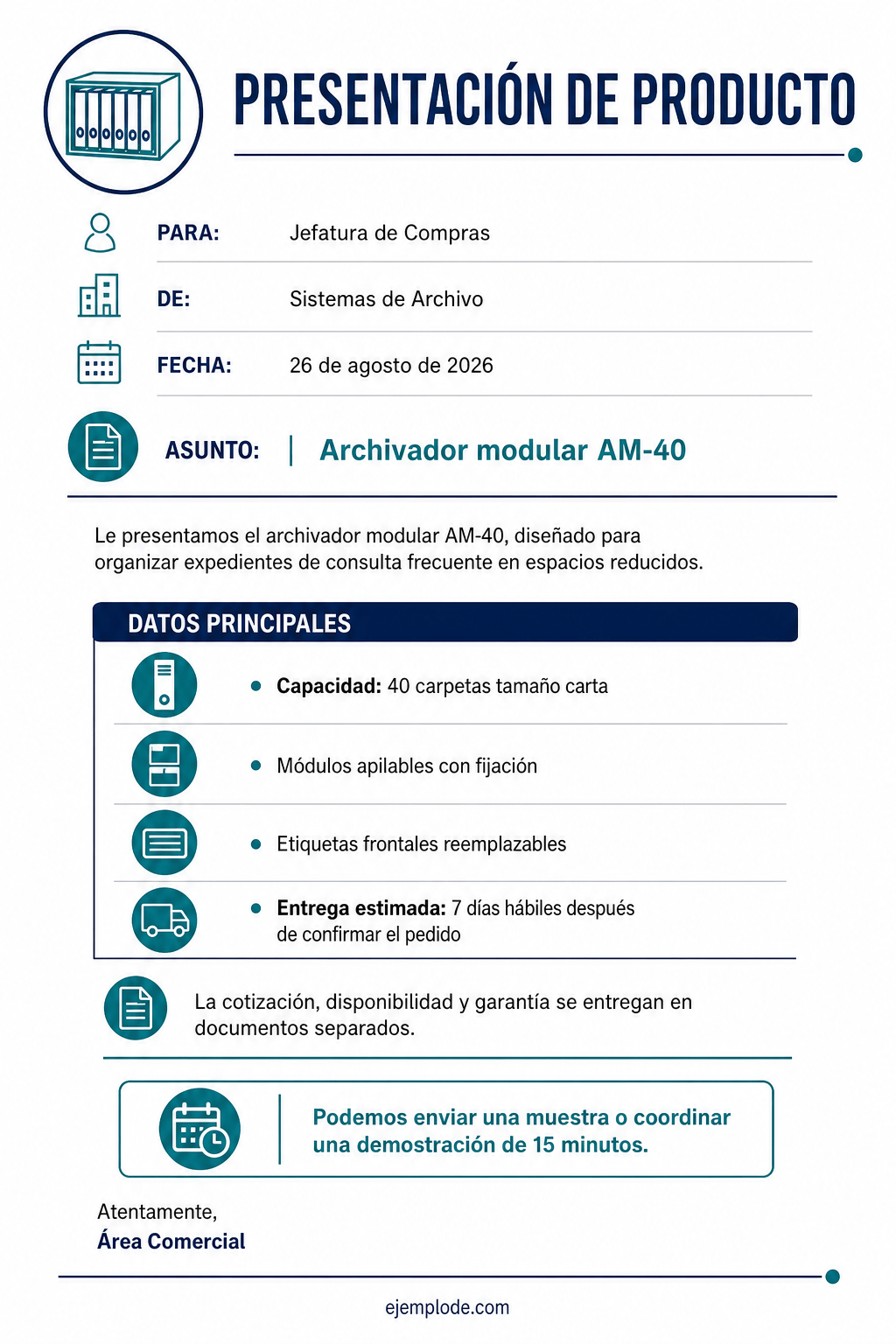 Carta terminada de presentación de un archivador modular