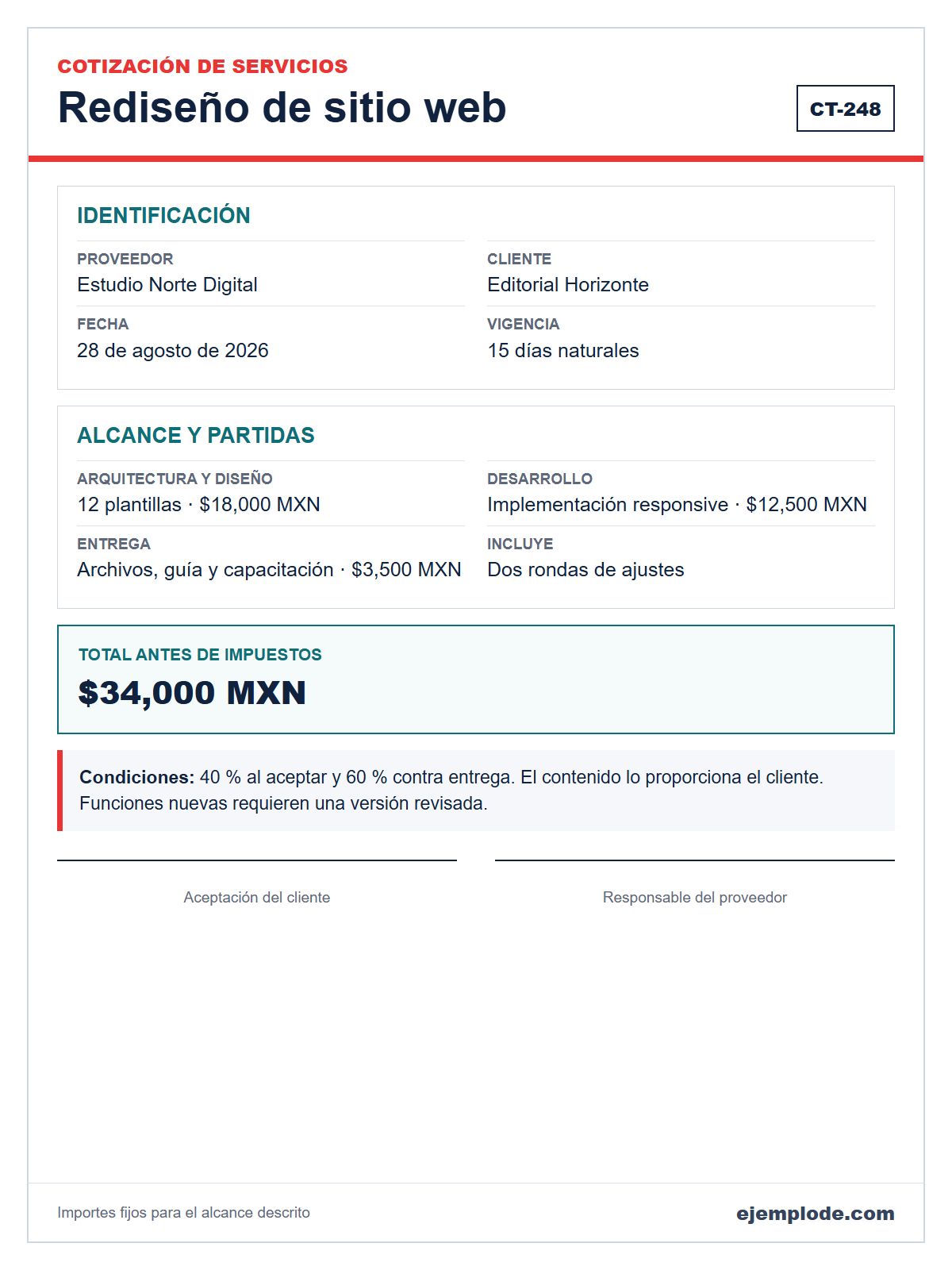 Cotización de rediseño web con proveedor, cliente, partidas, total, vigencia y condiciones