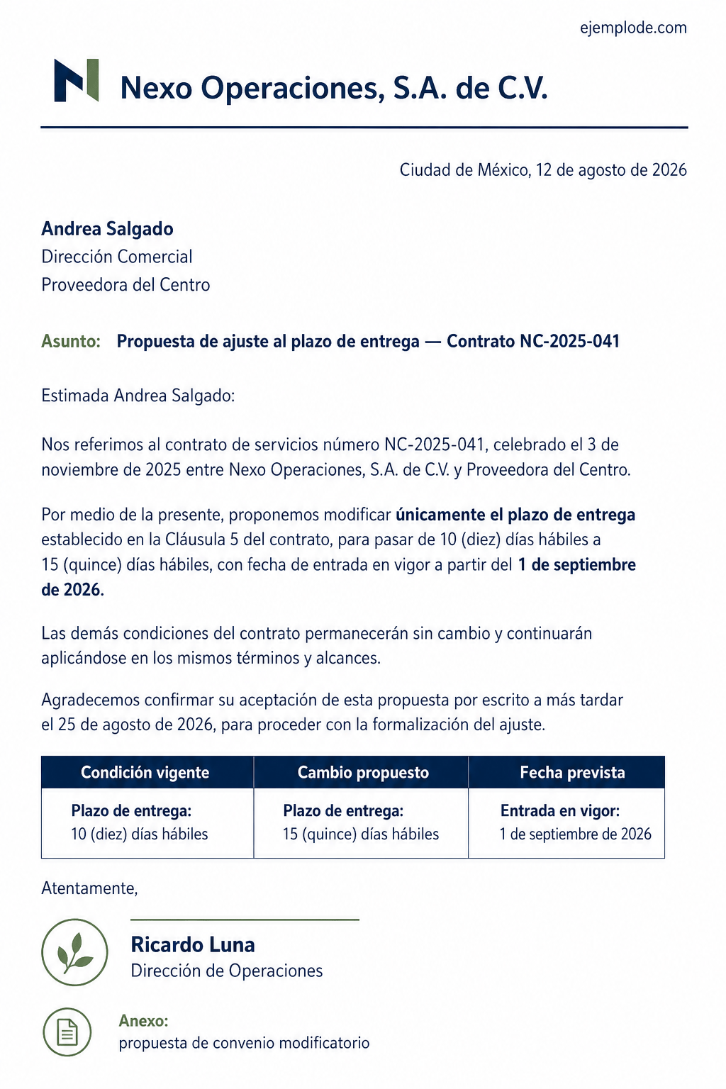 Carta completa que propone modificar el plazo de entrega de un contrato