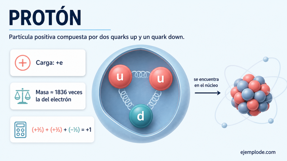 Protón compuesto por dos quarks up y un quark down con carga positiva