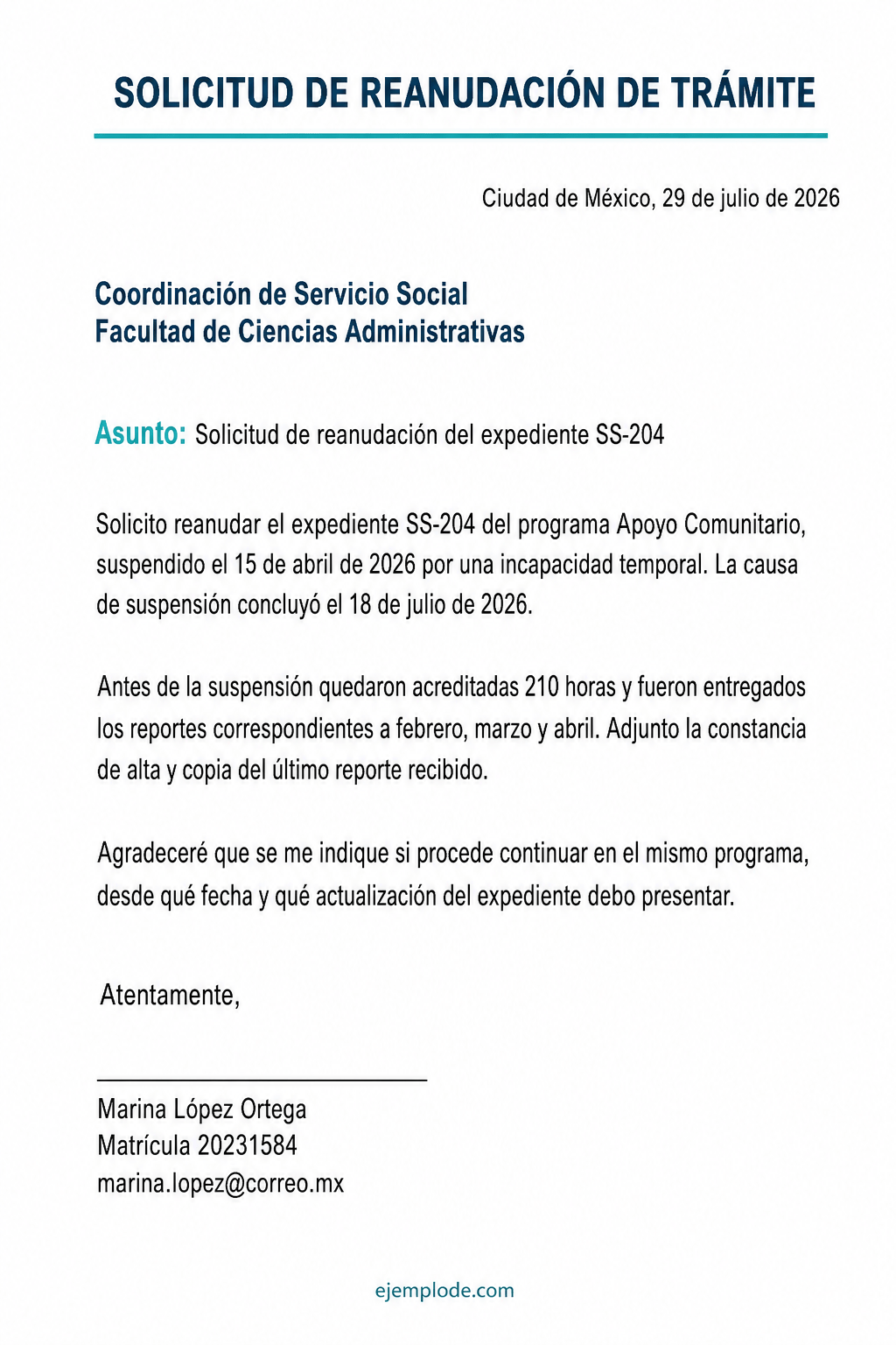 Carta completa para reanudar un expediente de servicio social suspendido
