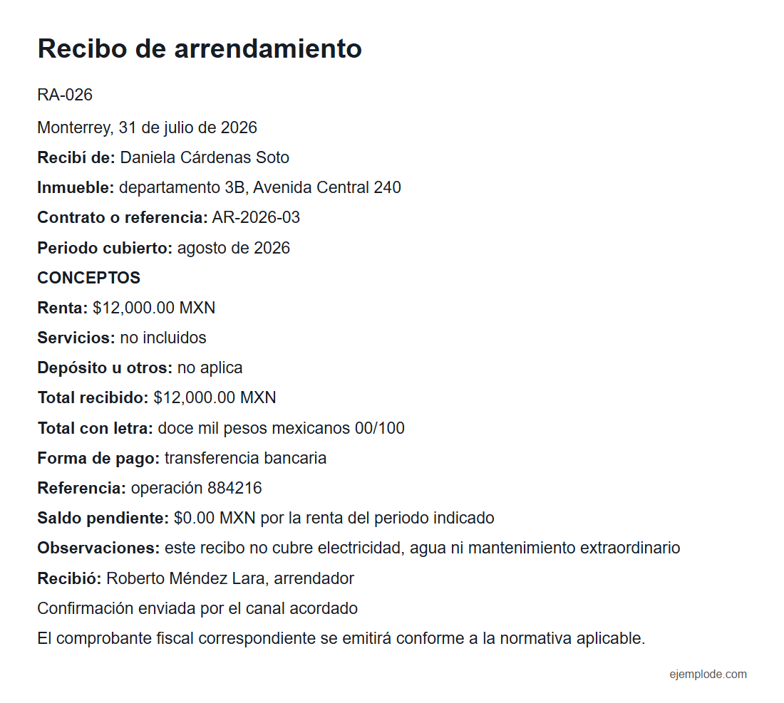 Recibo de arrendamiento con inmueble, periodo, renta, mantenimiento, pago y saldo