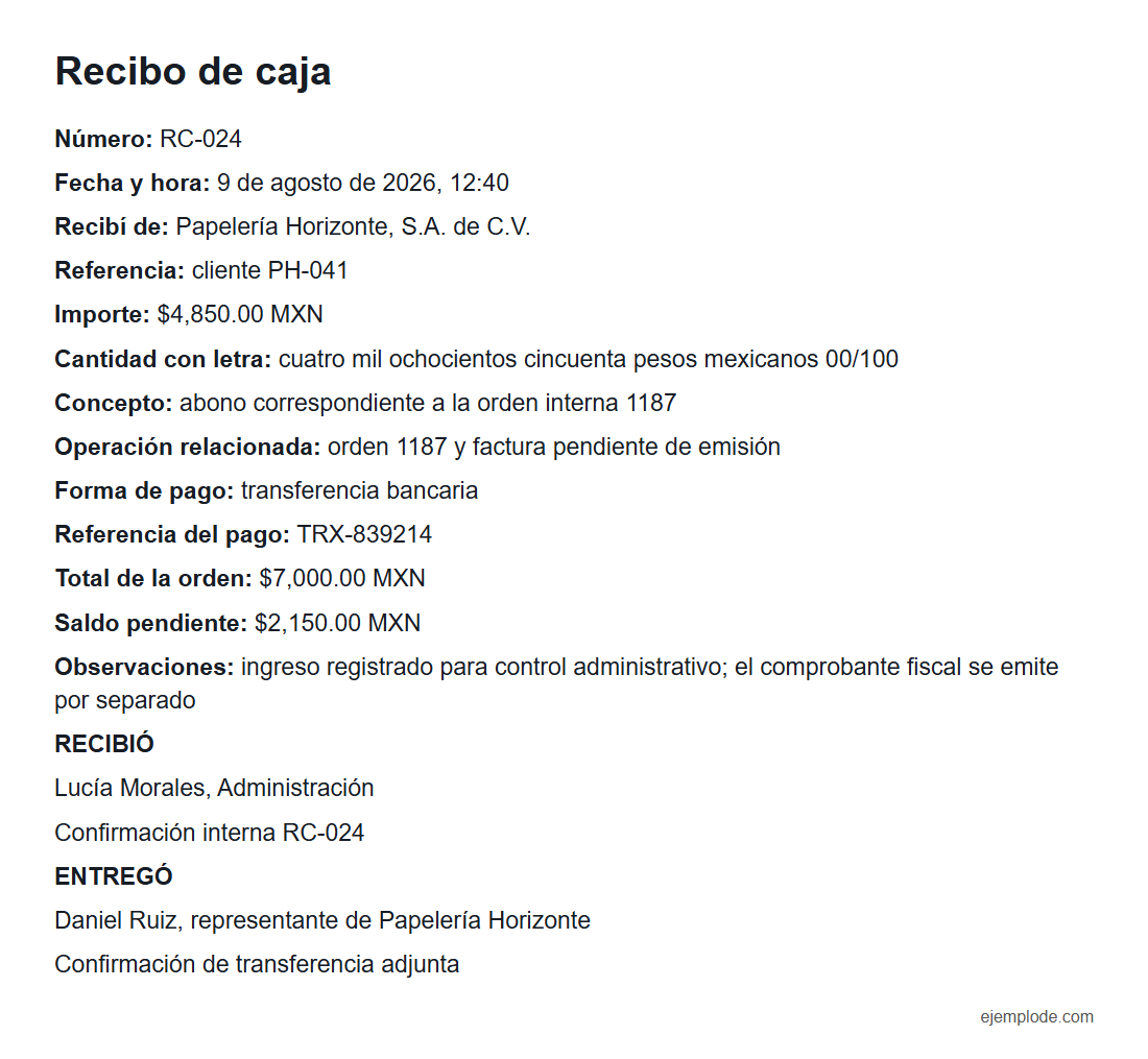 Ejemplo completo de recibo de caja
