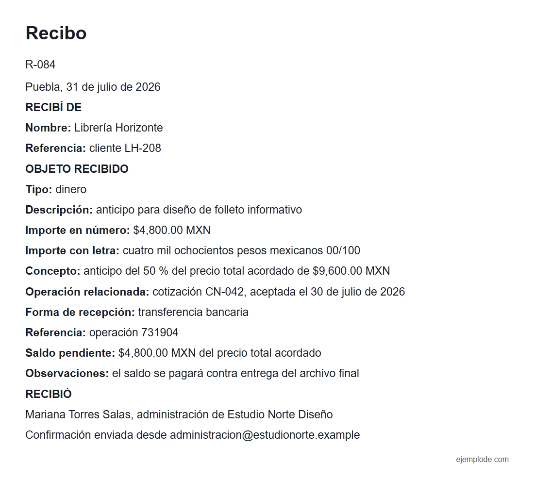 Recibo de pago con folio, importe, concepto, referencia, forma de recepción y saldo