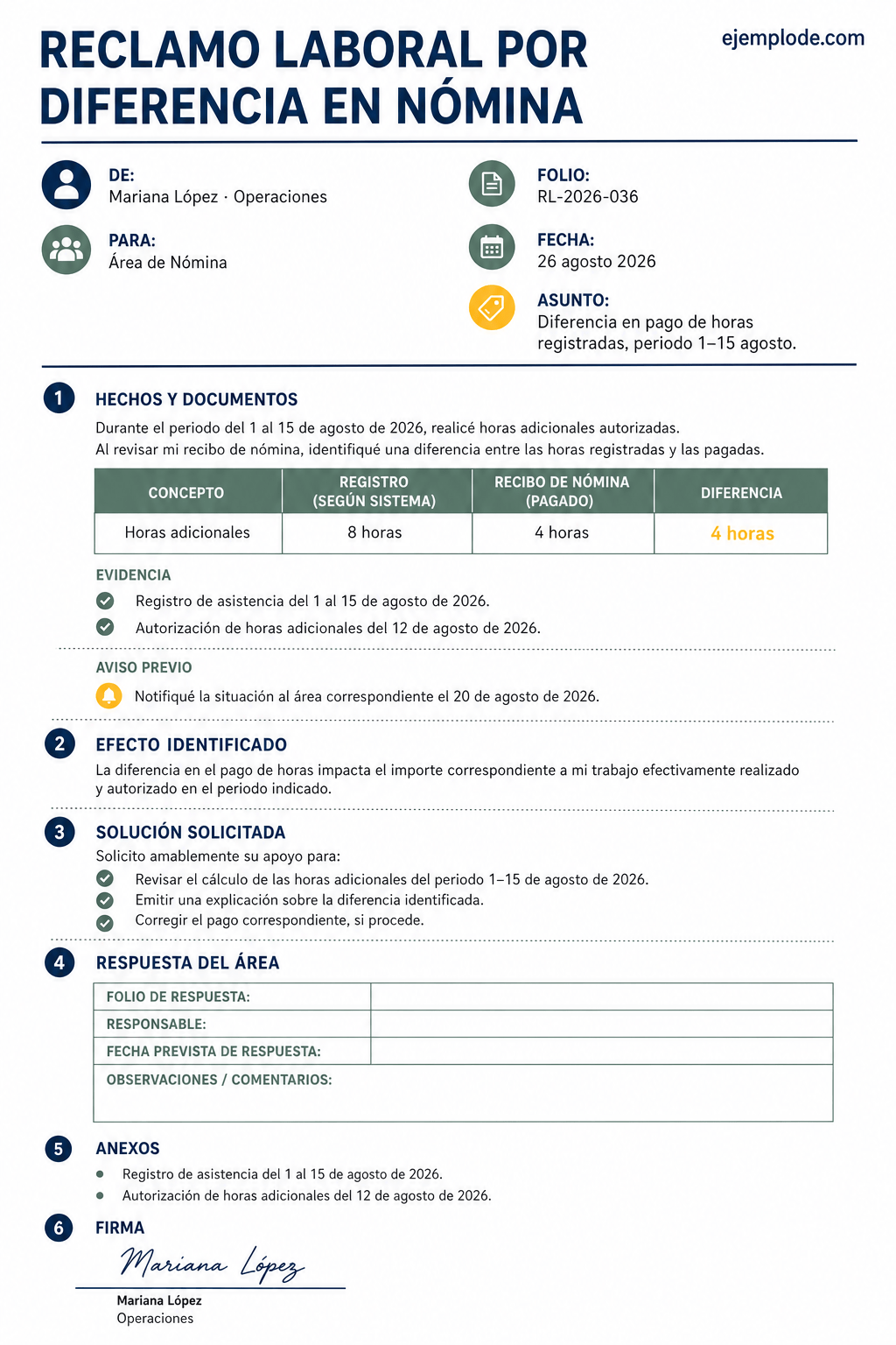 Carta completa de reclamo laboral por diferencia de nómina con evidencia, solución solicitada y seguimiento