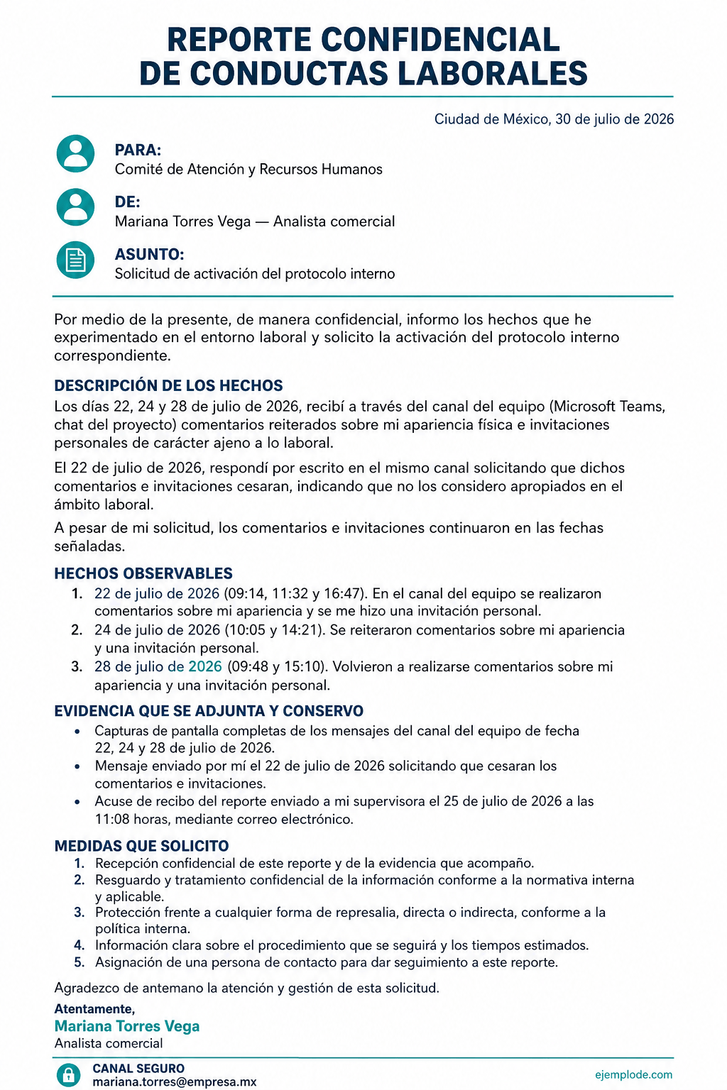 Carta completa de reporte confidencial de conductas laborales con hechos, evidencia y medidas solicitadas