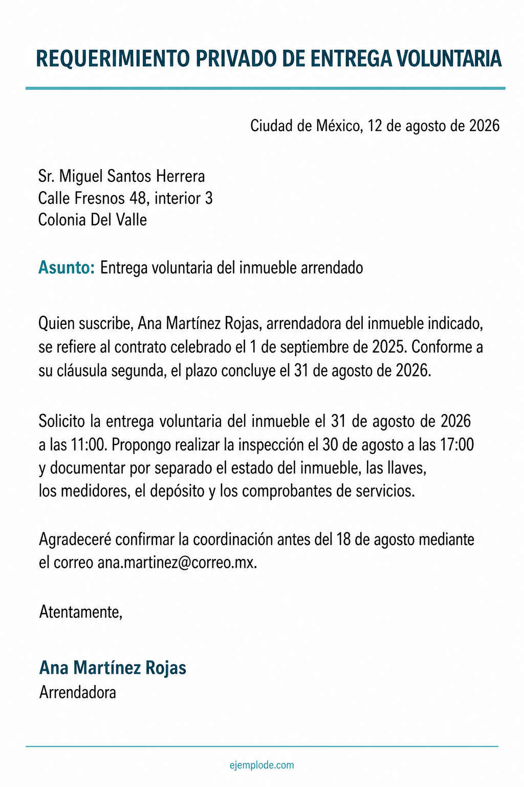 Carta completa de requerimiento privado de entrega voluntaria de un inmueble