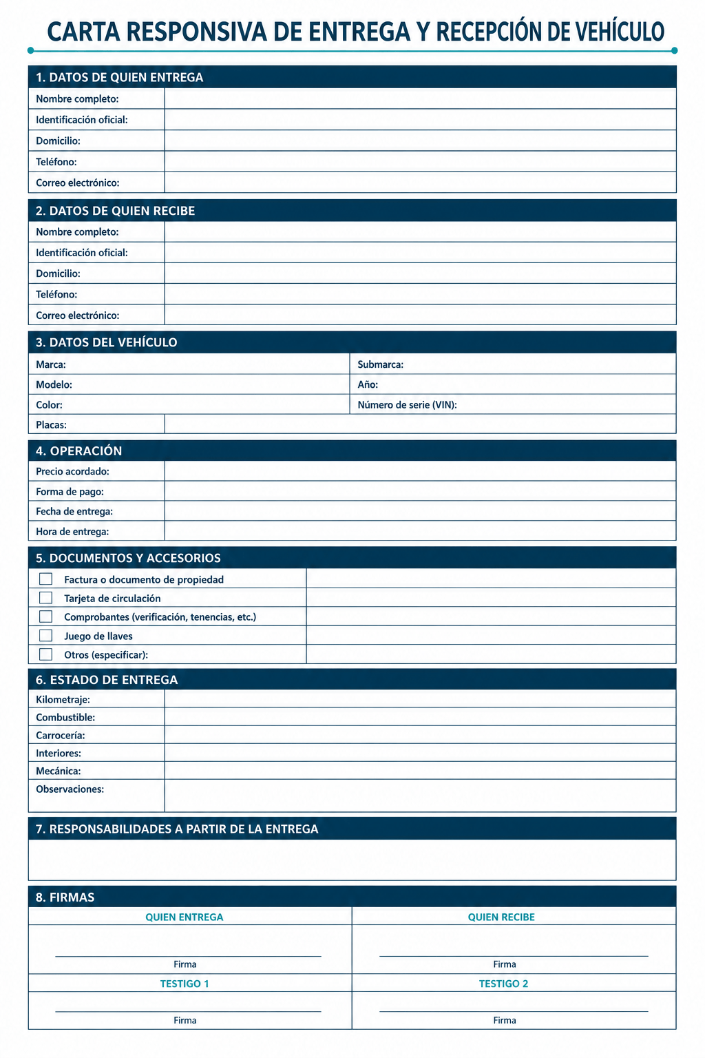 Formato vacío para registrar la entrega y recepción de un vehículo