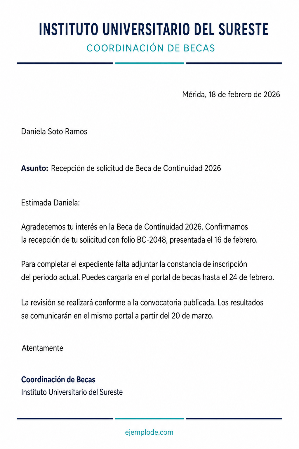 Carta institucional completa que confirma la recepción de una solicitud de beca