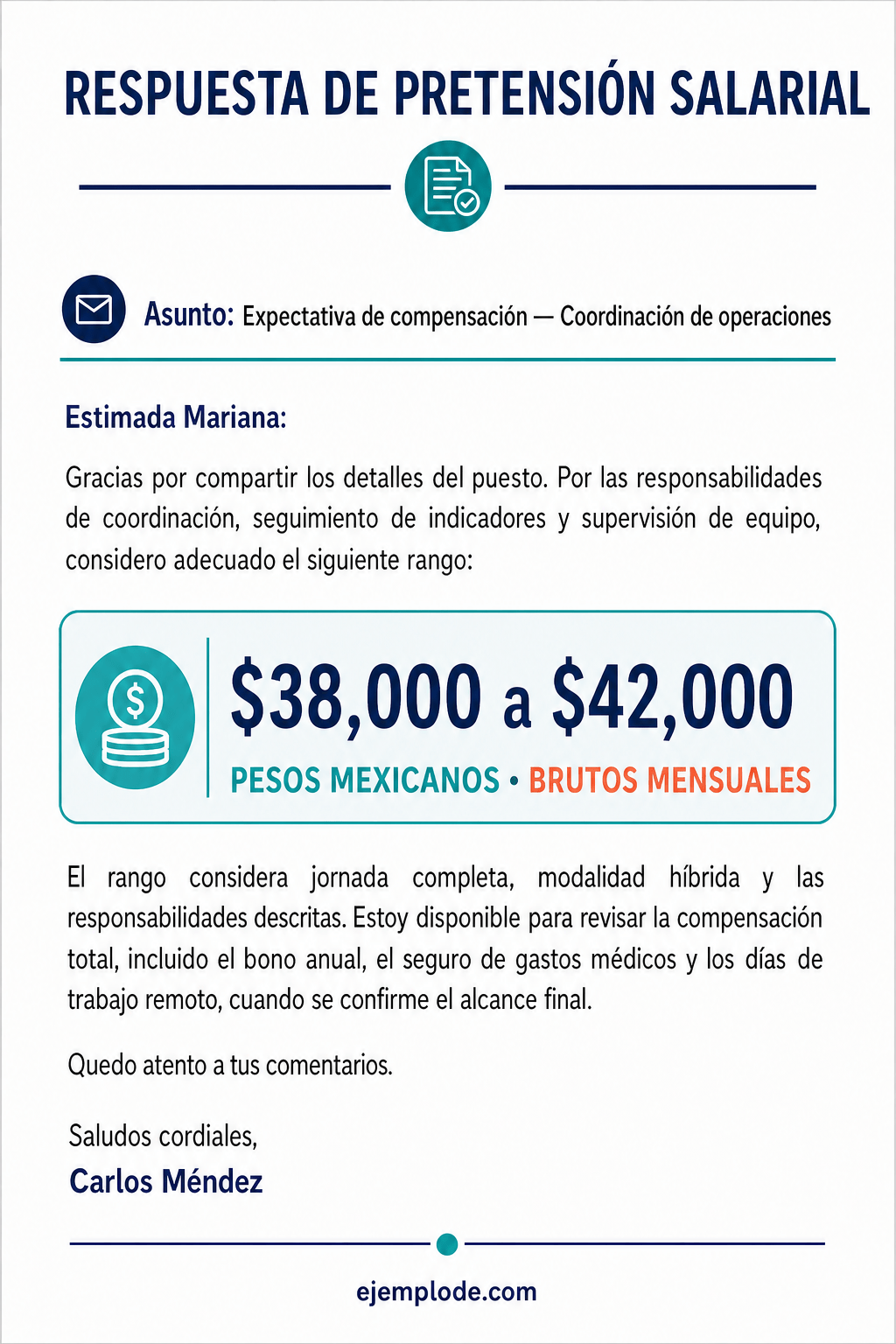Respuesta completa de pretensión salarial con rango en pesos mexicanos brutos mensuales y prestaciones