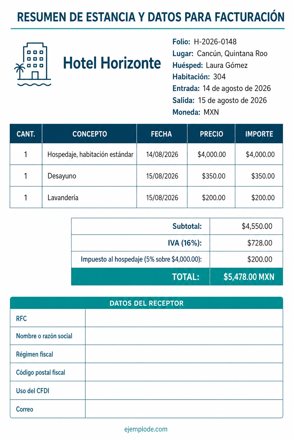 Resumen visual de hotel con cargos e impuestos calculados y campos del receptor en blanco