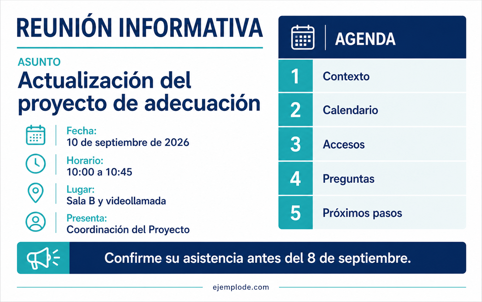 Convocatoria completa a una reunión informativa con objetivo, agenda y confirmación