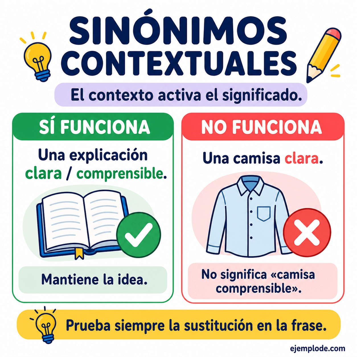 Infografía educativa sobre Sinónimos contextuales con ejemplos y claves de reconocimiento