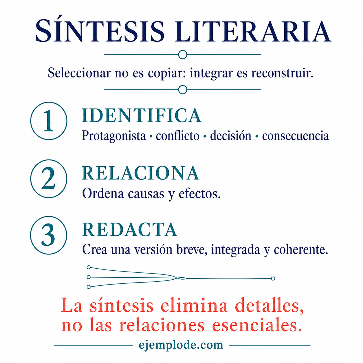 Explicación visual de Síntesis literaria con sus elementos y un ejemplo