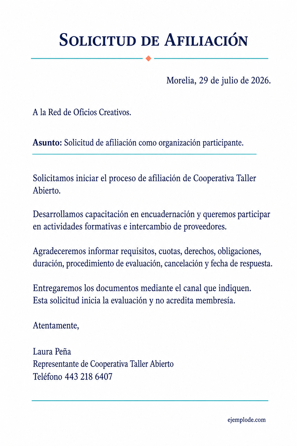 Carta completa de afiliación con actividad, motivo, cuotas, derechos, obligaciones y cancelación
