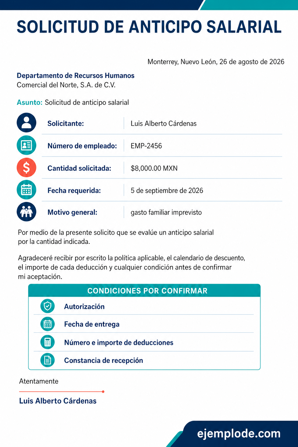 Solicitud de anticipo salarial con datos de la petición y campos de autorización pendientes