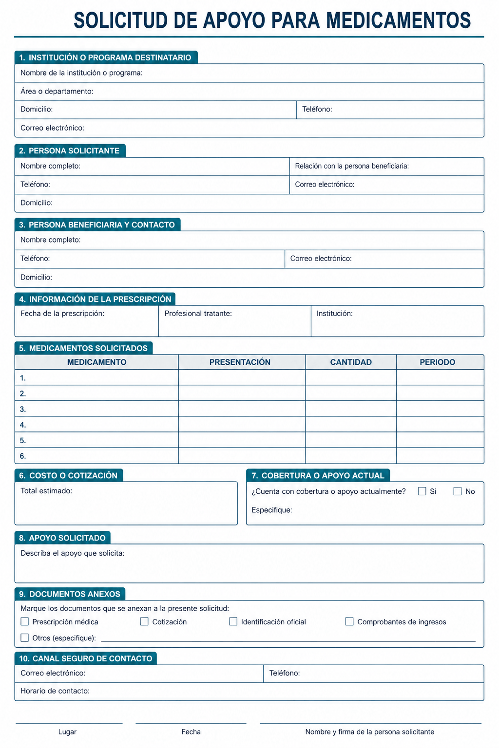 Formato vacío de solicitud de apoyo para medicamentos con prescripción, cotización y documentos