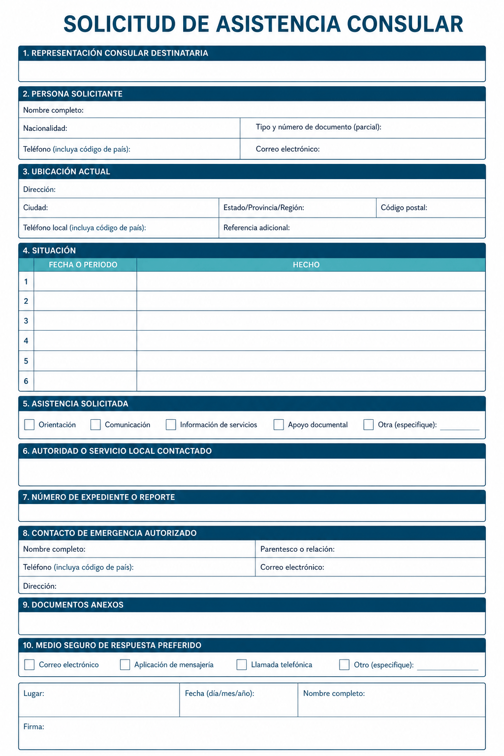 Formato vacío de solicitud de asistencia consular con ubicación, cronología, folio y ayuda solicitada