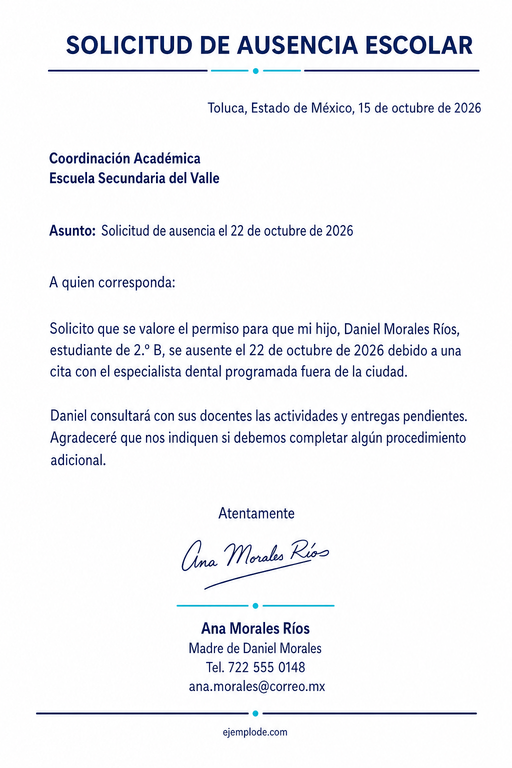 Carta completa de una madre que solicita la valoración de una ausencia escolar