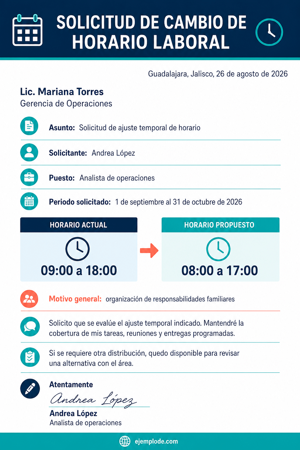 Carta completa que solicita un cambio temporal de horario laboral
