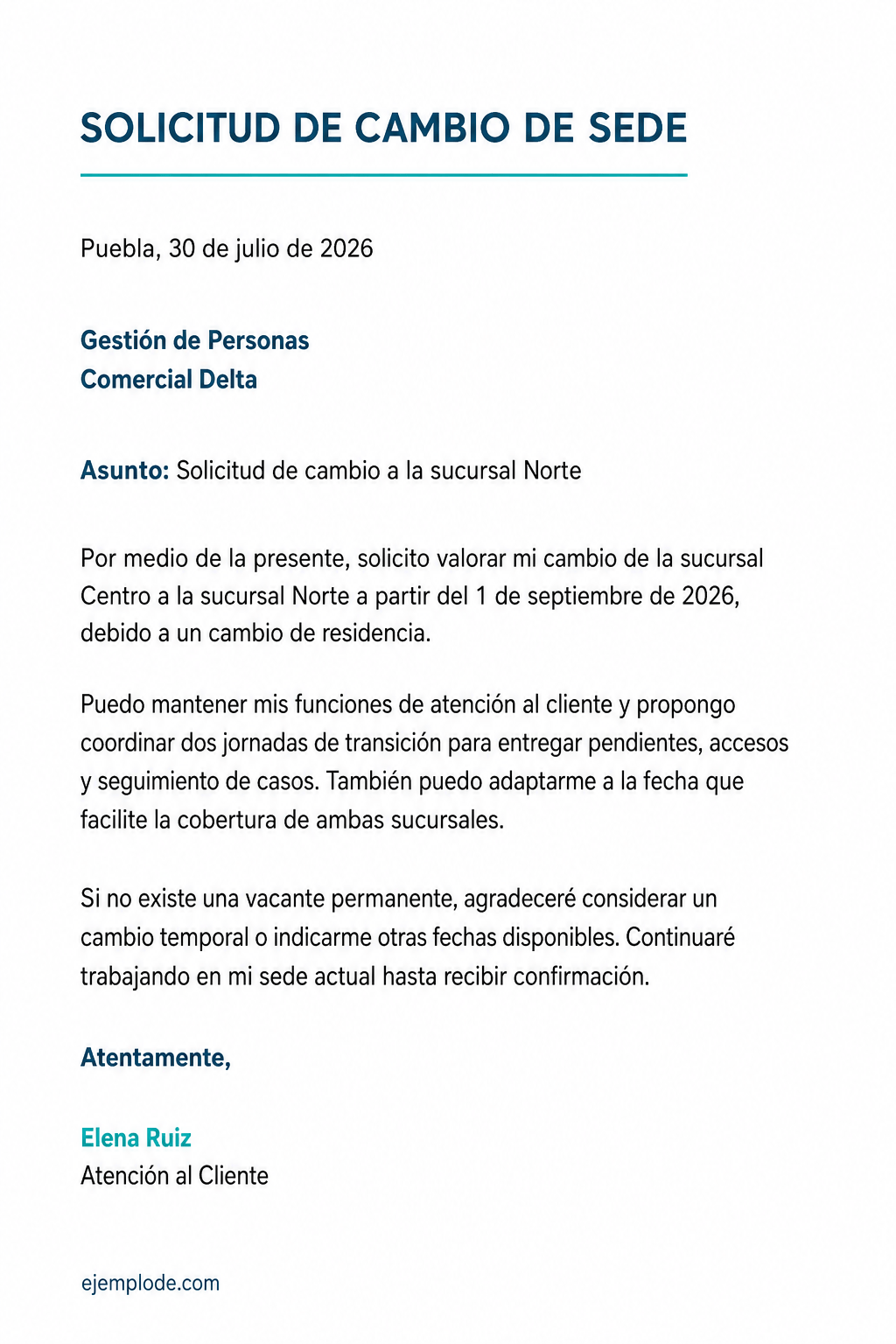 Carta completa para solicitar el cambio de una sucursal física a otra con fecha y transición